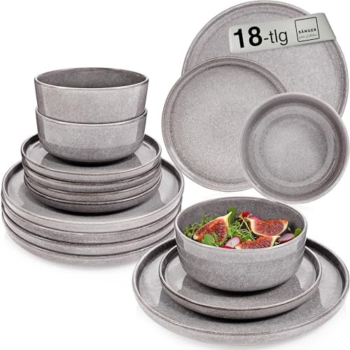 SÄNGER Kairo Mondgrau | Tafelservice 18 tlg, Steingut Geschirr Set 6 Personen, 6x Speiseteller 6x Dessertteller 6x Schalen Geschirrset & Schale Dunkelgrau, Teller Set, Tiefe Teller | VALUE COLLECTION