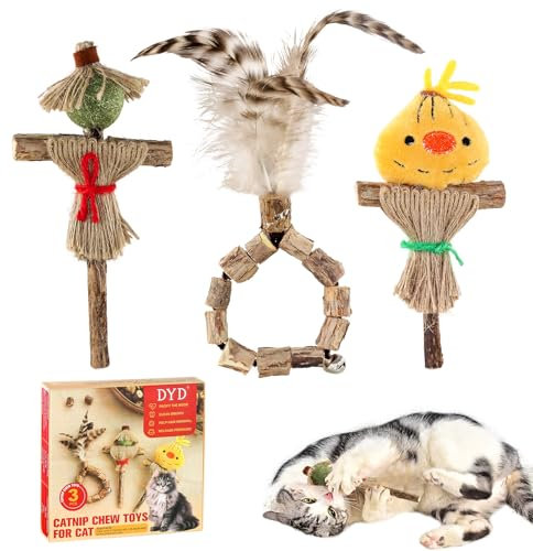 DYD Jouet pour Chat avec Herbe à Chat et Matatabi - Set 3 Pièces avec Plumes, Jouet à Mâcher pour Nettoyer Les Dents
