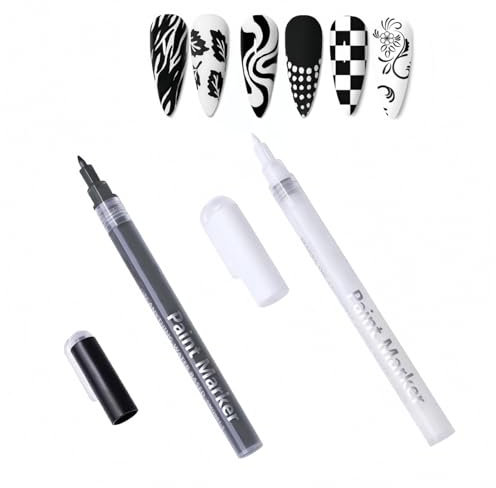 2PCS Nail Polish Pens,Black And White Nail Polish,White Nail Pencil,White Nail Pencil For Under Nail,French Manicure Pencil,Quick Dry Fine Tips Nail Art Pens,Suitable For Line Pattern Design