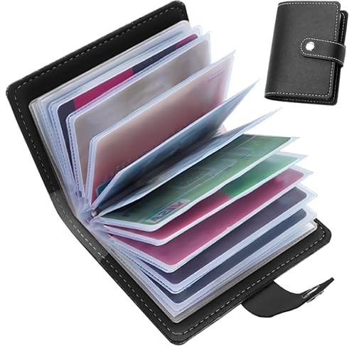 teashow PU Leather Credit Card Holder Wallet Travel Business Card Case | Slim RFID Blocking Bank Card Case with 26 Plastic Insert Sleeves,Minimalist Front Pocket Wallet Holders for Men & Women,Black
