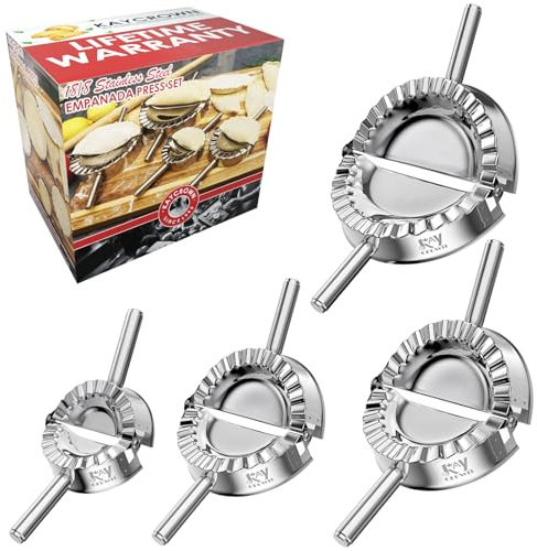 KAYCROWN Empanada Maker Press, Stainless Steel Dumpling Maker Set, 2-in-1 Dough Cutter Dumpling Mold Set for Ravioli, Pierogi, Turnovers, Calzone, Dumpling, 4 Sizes (XL/6+L/4.75+M/4+S/3.25)