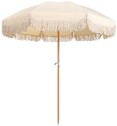 Sweet taize Parasol de Plage extérieur 200 cm, Parasol de terrasse à Pompons, inclinable, Rond, mât en Bois Pliable, Parasol Portable pour Piscine, Balcon, Jardin, Beige