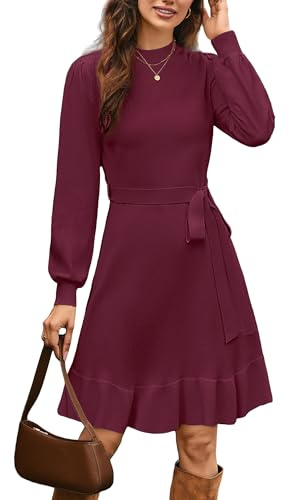 STYLEWORD Strickkleid Damen Langarm Winterkleid Rüschen Winter Pulloverkleid Elegant Rundhals Herbstkleid mit Gürtel