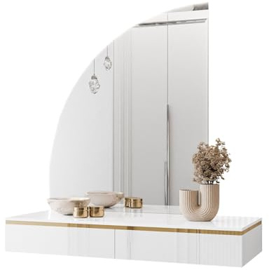 Lookway Hängender Schminktisch Aurora-Q Weiß Glänzend, LED-Spiegel, Gold Dekorleiste, Luxuriöses Design (Spiegel Links)