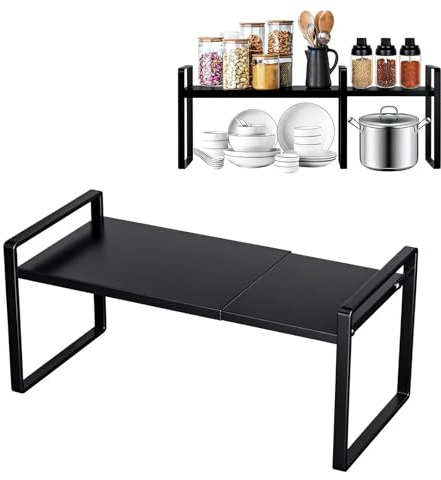 PORFOYO Schrankregal Ausziehbar 31-55cm, Küchenregal, Küchenschrank Organizer, Teleskop Regaleinsatz für Gewürze, Erweiterbares Regal für Küche und Büro, Schwarz