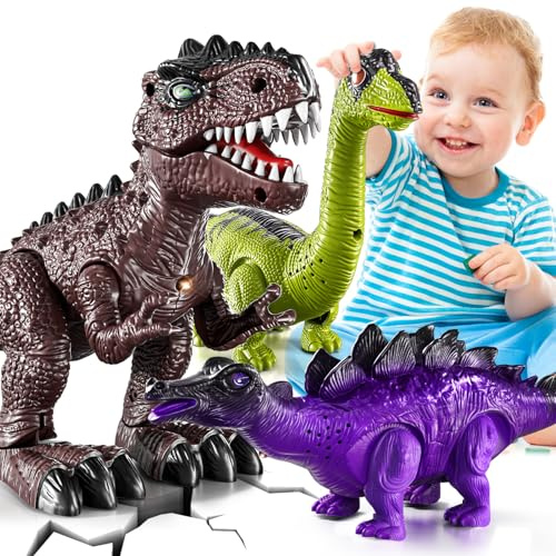 3er-Pack Gehende Dinosaurier-Spielzeug für Kleinkinder 3 4 5 Jahre, Bewegliche Dino Figuren mit Licht und Geräusch, T-Rex, Brachiosaurus & Stegosaurus, Weihnachten Geburtstagsgeschenk für Jahre Jungen