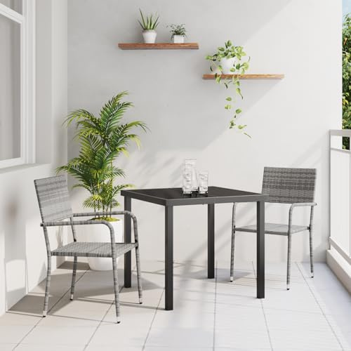 IBUQDDV 3-teiliges Garten Essset Grau Poly Rattan mit 2 Stühlen, Stapelbare Outdoor Möbel und Wetterbeständige PE Rattan Sitzgruppe für Terrasse