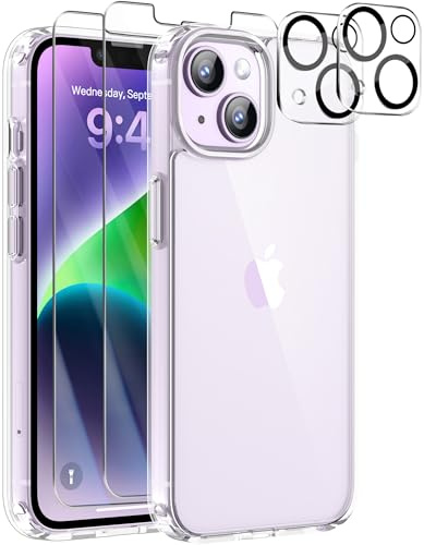 Guisessy Coque pour iPhone 14, Transparent | 2 Verres Trempés, 2 Protecteurs Caméra, Dos PC Rigide Hybrid Antichoc, Anti-jaunissement