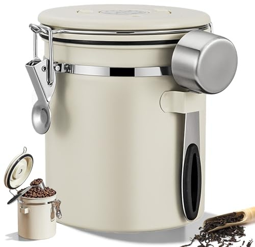 Kaffeedose Luftdicht, 2,8 L Kaffeebohnenbehälter Vakuum, Kaffeebohnen Behälter mit CO2-Ventil und Messlöffel, Luftdichte Edelstahl Kaffeedose mit Datumsanzeige für Kaffeebohnen Tee Zucker (Beige)