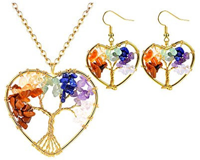 FOCALOOK Parure Bijou Femme Fille Plaqué Or Boucle d'oreille Pendante avec Collier Chaîne Pendentif Coeur et Arbre de Vie Monté de 7 Chakra Pierres Naturelles