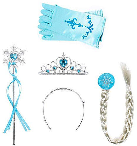 Amacoam Set 4 Stück Eiskönigin ELSA Zubehör Set Verkleidung Mädchen Prinzessin Krone Haarreifen Zopf Zauberstab Handschuhe Prinzessin Kostüme Zubehör Eisprinzessin Verkleidungsset (Hell Blau)