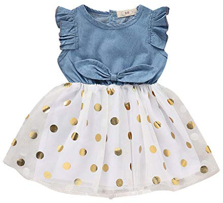 sunnymi ® 0-4 Jahre Kleid Baby Mädchen Ärmelloses Denim Bogenkleid mit Punktmuster Tüll kleidet die Kleidung