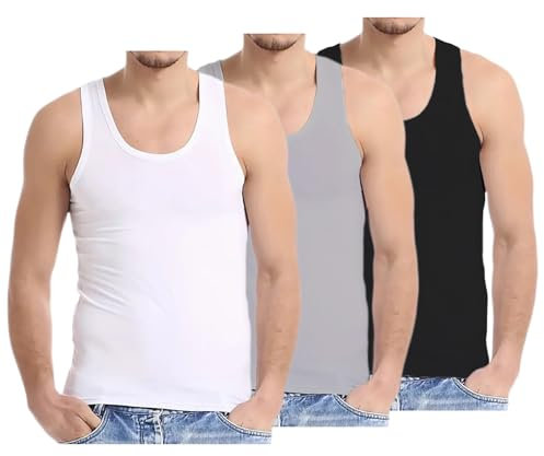 Bahob® New Mens Vest Multi Pack Lot Basic Regular Fitted Cotton Tank Top Athletic Soft Assorted Pack of 3 (3 Pack Black White Grey, L)