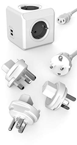 Travel-Cube ReWirable DuoUSB, Power-Würfel für 4 Stecker und 2 USB Ports (2,1 A), Mehrfach-Steckdose mit Schuko-Kabel und 3 Reise-Adapter für UK USA AUS, grau-weiß