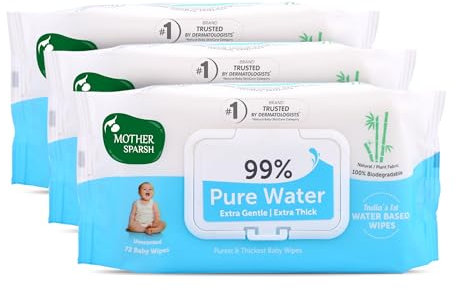 Mother Sparsh 99% Pure Water (Unscented) Baby Wipes I Natural Plant Made Cloth - Super Thick I 72 pcs/Pack - Pack of 3