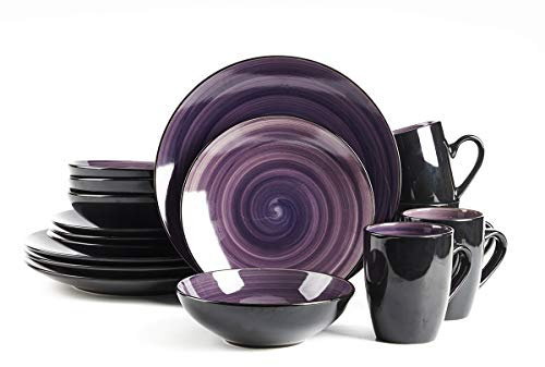 HomeVss Sonoma - Juego de vajilla de 16 piezas, sirve 4, juego de platos y cuencos negros y morados moteados, apto para microondas y lavavajillas, color morado