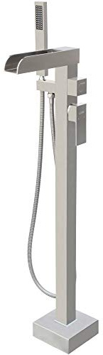 Freistehende Badewannen-Wasserhahn, Wasserfall-Wannen-Füller, gebürstetes Nickel, hohe Durchflussmenge, 30 l, Bodenmontage, Badezimmer-Armaturen mit Handbrause-Halterung LLGG