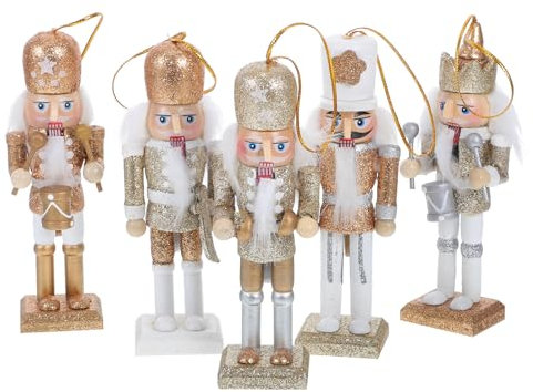 Amosfun 5pcs Christmas Nutcracker Ornaments Small Wooden Nutcracker Pendant for Tree Decoration Glittered Nutcracker Soldier Christmas Party Supplies (13cm, White Gold)
