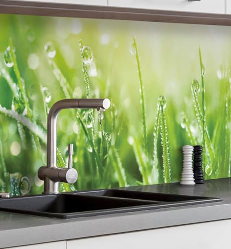 MyMaxxi Küchenrückwand Folie selbstklebend matt Versteift - einfache Montage ohne Bohren - Motiv Wiese 60cm hoch - Spritzschutz Küche Klebefolie - Natur Tau Gräser 280 x 60 cm