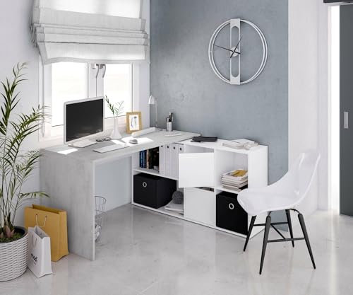 Dmora - Bureau Vallejo, Bureau multi-positions réversible multifonction, Table d'étude ou de bureau pour PC avec étagère, 136x139h74 cm, Blanc et Ciment