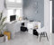Dmora - Bureau Vallejo, Bureau multi-positions réversible multifonction, Table d'étude ou de bureau pour PC avec étagère, 136x139h74 cm, Blanc et Ciment