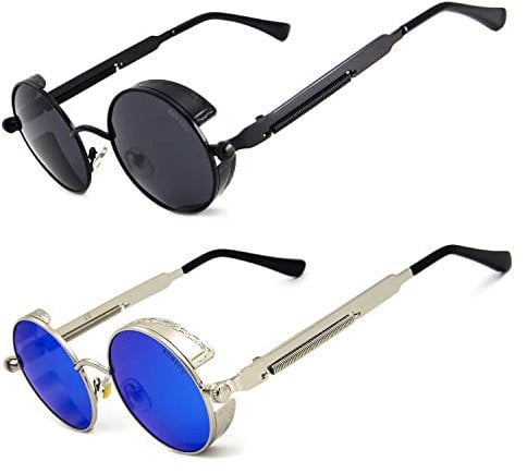 RONSOU Steampunk Style Round Vintage Polarized Sunglasses Retro Eyewear UV400 Protection Matel Frame Grey & Blue Lens