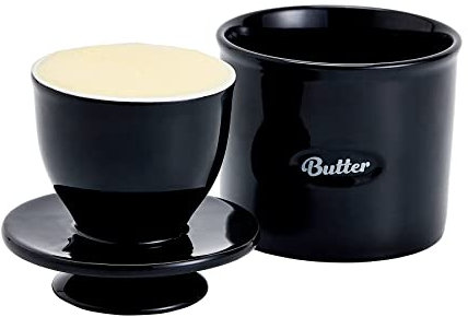 Swuut Plato de mantequilla de cerámica, plato de mantequilla francés con tapa, soporte de mantequilla con línea de agua, contenedor de mantequilla para mantequilla blanda (negro)