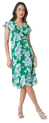 Roman Frill Dress for Women UK Ladies Summer Wrap Chiffon Frill Hem Layered Belted Midi Maxi Tiered Cape Special Occasion Fit & Flare Wedding Guest Swing Skater - Green - Size 10