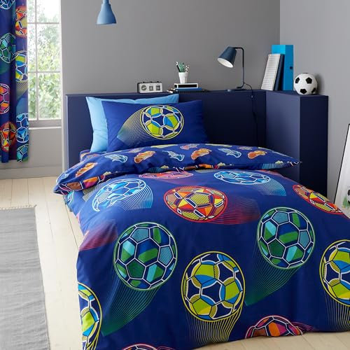 Catherine Lansfield Bright Football Reversible Double Duvet Cover Set with Pillowcases Navy