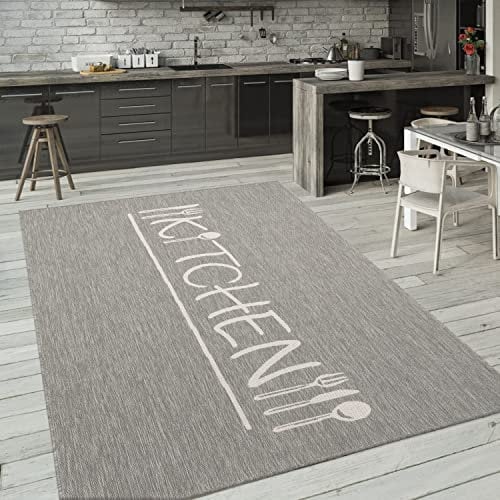 Paco Home Outdoor Teppich Wetterfest Wohnzimmer Balkon Küchenteppich Modernes Muster Mit Schriftzug, Grösse:60x100 cm, Farbe:Grau