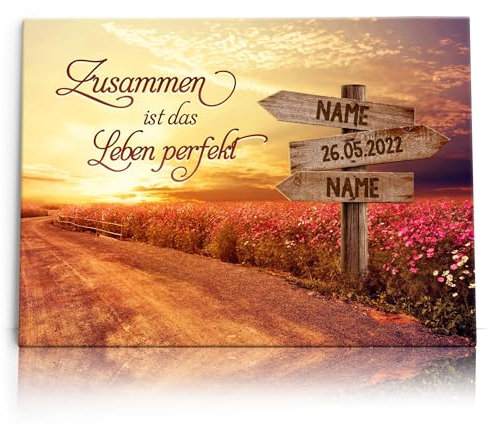 Liebesleinwand Leinwand personalisiert Weg zum Glück | Geschenk für sie oder ihn zum Jahrestag, Verlobung, Hochzeitstag | Leinwandbild gestalten mit Namen und Datum