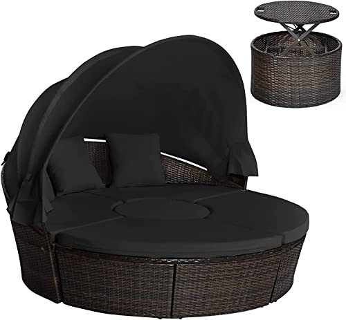 SFAREST Outdoor Wicker Daybed, Patio Round Sectional Furniture Set with Adjustable Table, Retractable Canopy & Cushion, Rattan Lazy Lying Bed Sofa for Backyard Poolside Garden