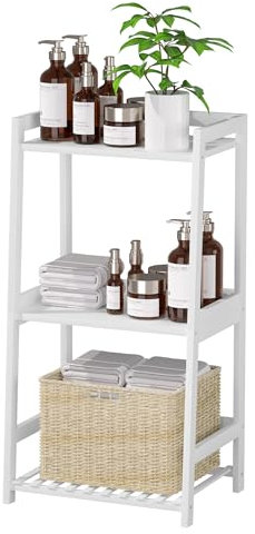 POXAKA 3 Tier Bamboo Bathroom Shelves, Ladder Shelf for Storage, Rustic Home Organizer, Space-Saving Design, Stylish Display Nightstand, Stylish Storage Solution for Home, Living Room, Kitchen