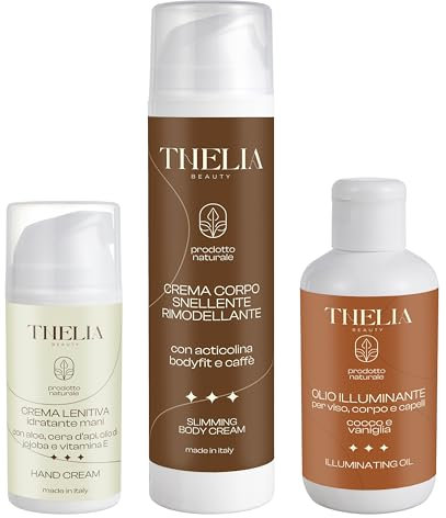 Thelia Beauty | Kit Corpo con Crema Corpo Snellente Rimodellante, Crema Mani Lenitiva Idratante e Olio illuminante per Viso, Corpo e Capelli, Senza Parabeni, Prodotto Naturale, Made in Italy