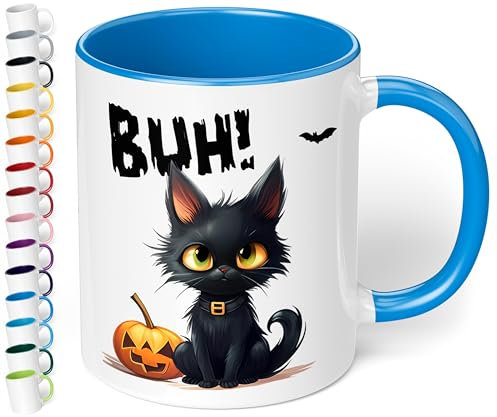 True Statements Halloween Keramik-Tasse „BUH! Schwarze Katze“ – ca. 330ml –Kaffeebecher mit Spruch, kleines gruseliges Geschenk (Cambridge Blau)