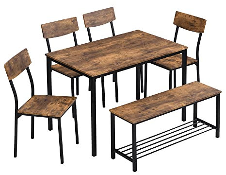 soges Juego de Mesa de Comedor para 6 Personas 110 cm, con 4 Sillas, Banco para 2 Personas con Estante de Almacenamiento, Juego de Muebles de Comedor Cocina
