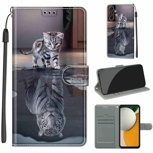KENHONER Custodia per Samsung Galaxy A15 4G/5G, gatto e tigre | Portafoglio Pelle PU, Magnetica, Resistente Agli Urti, Scomparto Carte Credito, Pieghevole, Flip Libro, Motivo