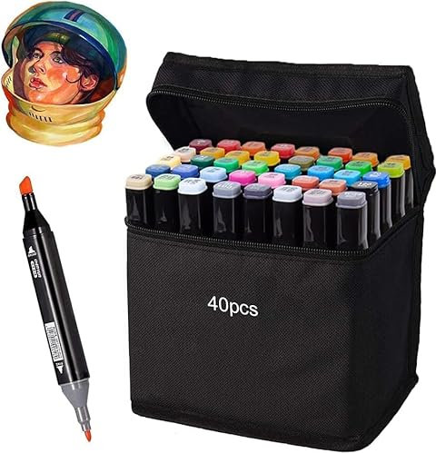 Camiki Art 40 Farben Alkohol Marker mit zwei Spitzen, Alkoholmarker Stifte,Filzstifte Dicke und Dünne, Grafikstifte, Permanent-Kunstmarker-Set mit Tragetasche, Doppelmarker zum Zeichnen, Gestalten