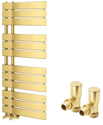 Brushed Gold Towel Rail Heated Bathroom Radiator Includes Round Angled Valves - 1080mm x 500mm