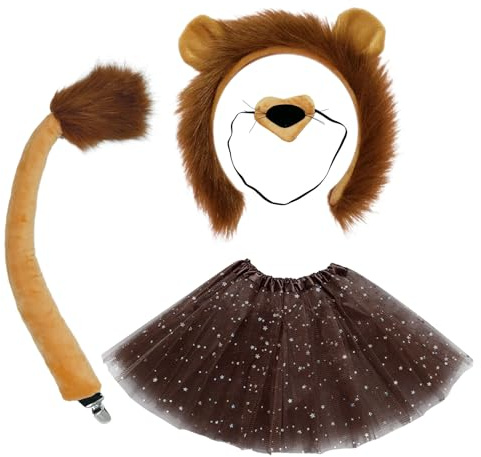 SKHAOVS Tierkostüm Kinder, Löwe-Cosplay-Set, Karneval Kostüm Kinder Löwe, Tierohren Stirnband + Nase + Schwanz + Tutu, Halloween Kostüm Faschingskostüme Zubehör für Fasching Cosplay Party