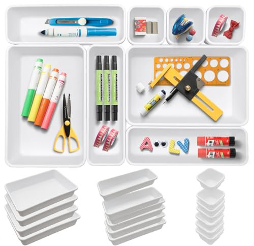 JinPhon Lot de 24 Organisateur Tiroir Cuisine et Bureau, Rangement Bureau, Rangement Tiroir Blanc Profond pour Couverts, Papeterie, Séparateurs Plastique Modulables pour Maison