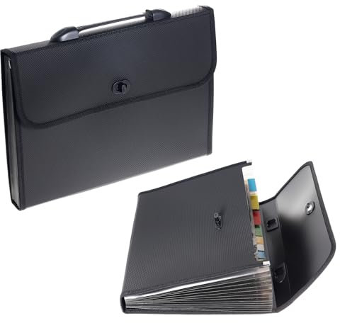 2er Fächermappe A4, mit Griff u Decke Abschließbar, Design Dokumentenmappe Grosse Kapazität, Erweiterbare Sortiermappe Ordnungsmappe Aktenkoffer Business Filing Box Aktenordner, Schwarz TKD8001-2X