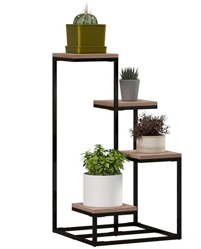 Outsunny Portapiante a 4 Livelli per Interni ed Esterni, Scaffale Porta Fiori e Vasi in Acciaio e Legno, 40x40x75.5 cm, Marrone e Nero