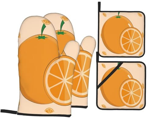 Set di 4 guanti da forno e presine arancioni, antiscivolo, per cucinare e grigliare
