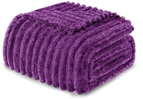 Exclusivo Mezcla Coperta Plaid Pile di Flanella per Divano, 230x270 CM Coperta Letto Matrimoniale con Righe Jacquard, Accogliente e Leggero, Viola