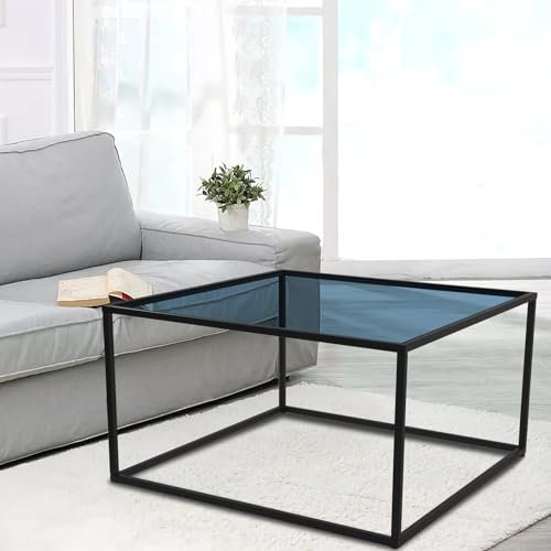 inoseen Couchtisch, modern, Glas, quadratisch, Metall, schlichter Mitteltisch für Wohnzimmer, Zuhause, Büro, 67,3 x 67,3 x 39,9 cm, Grau / Schwarz