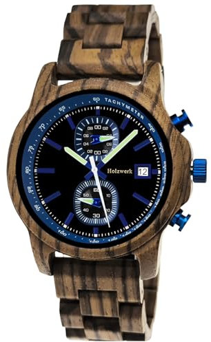 Holzwerk Germany Handgefertigte Designer Herren-Uhr Öko Natur Holz-Uhr Chronograph Armband-Uhr Analog Quarz-Uhr Blau Braun Schwarz Datum Holz