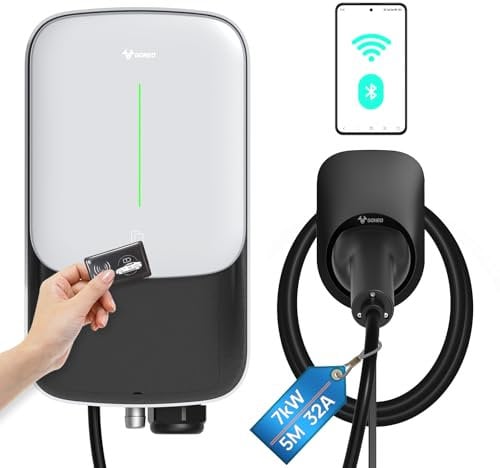 GONEO Wallbox 7kW 8A-32A EV Ladestation 1-phasig OCPP mit 5m Typ 2 Ladekabel für EV/PHEV Ev-Ladegerät mit RFID-Karte IP65 IK10 Schutz WiFi APP-Steuerung Schnelle Installation