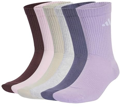 adidas Unisex CUSHIONED CREW SOCKS 6 PAIR PACK, Aurora Ruby/Preloved Violet/Powder Plum/Light Grey Heather, 10.5-12.5