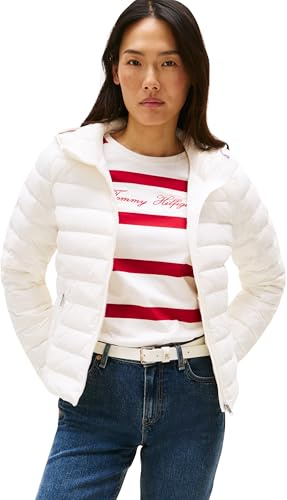 Tommy Hilfiger Damen Steppjacke Down Hooded Jacket mit Reißverschluss, Weiß (Ivory Silk), 3XL